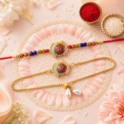 Om Mandala Motif Rudraksha Crystal Beads Bhai Bhabhi Rakhi Lumba Set