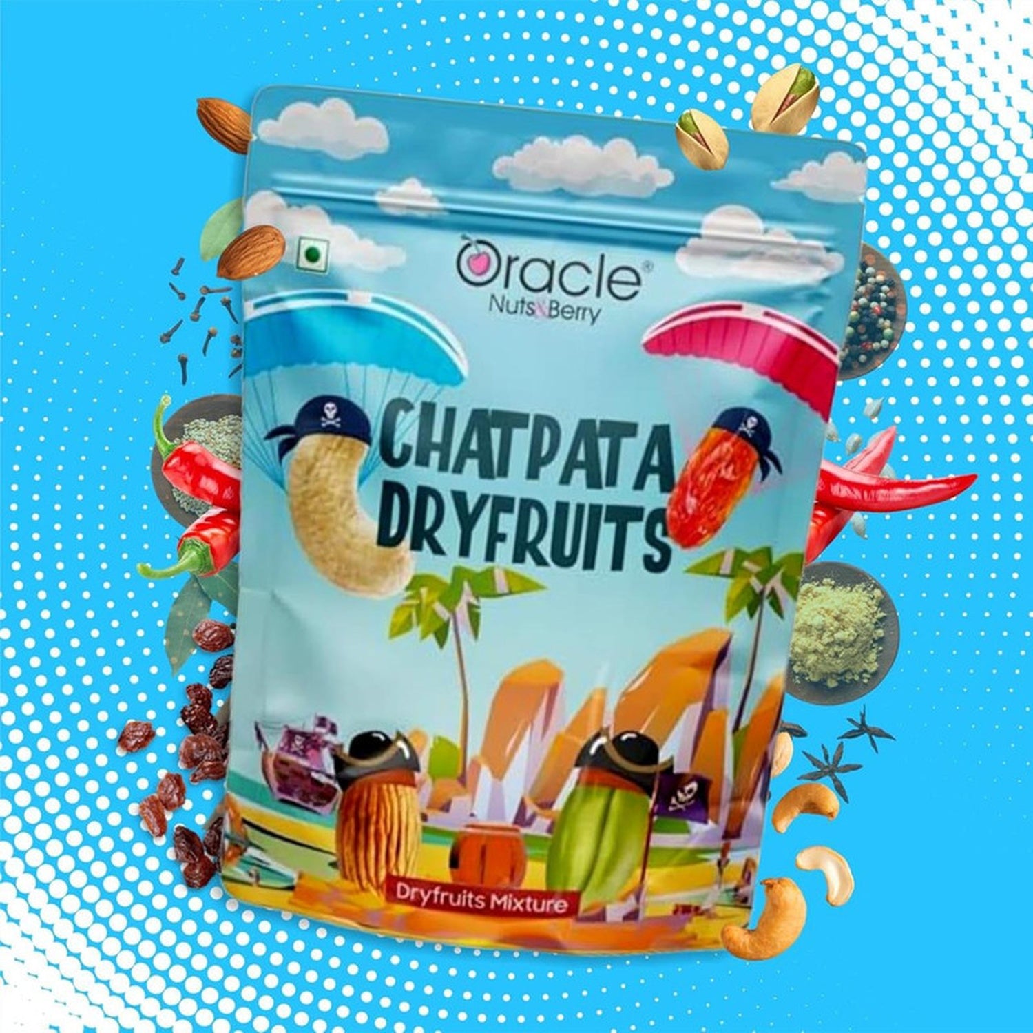 Oracle Chatpata Dry Fruit Mixer in a vibrant pack, showcasing spicy nuts.