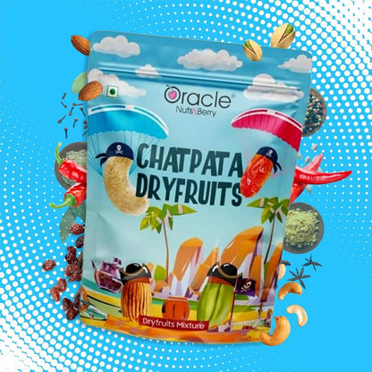 Oracle Chatpata Dry Fruit Mixer in a vibrant pack, showcasing spicy nuts.