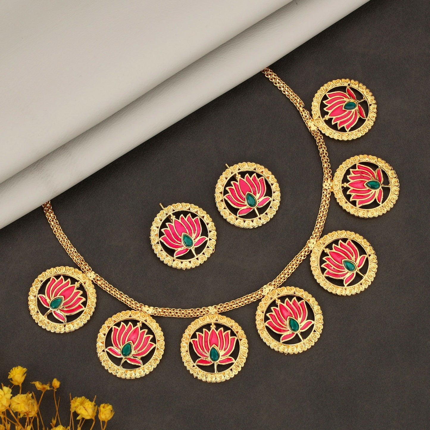 Bold Gold-Tone Green-Pink Crystal & Pearl Choker Set