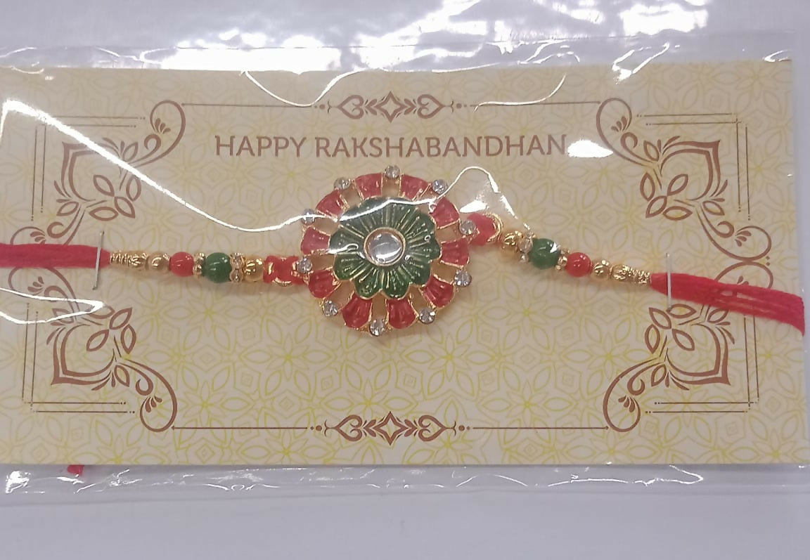 Traditional Rakhi Floral Centerpiece Red Green Beads (5pcs)