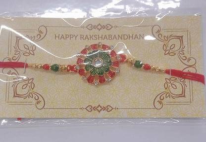 Traditional Rakhi Floral Centerpiece Red Green Beads (5pcs)