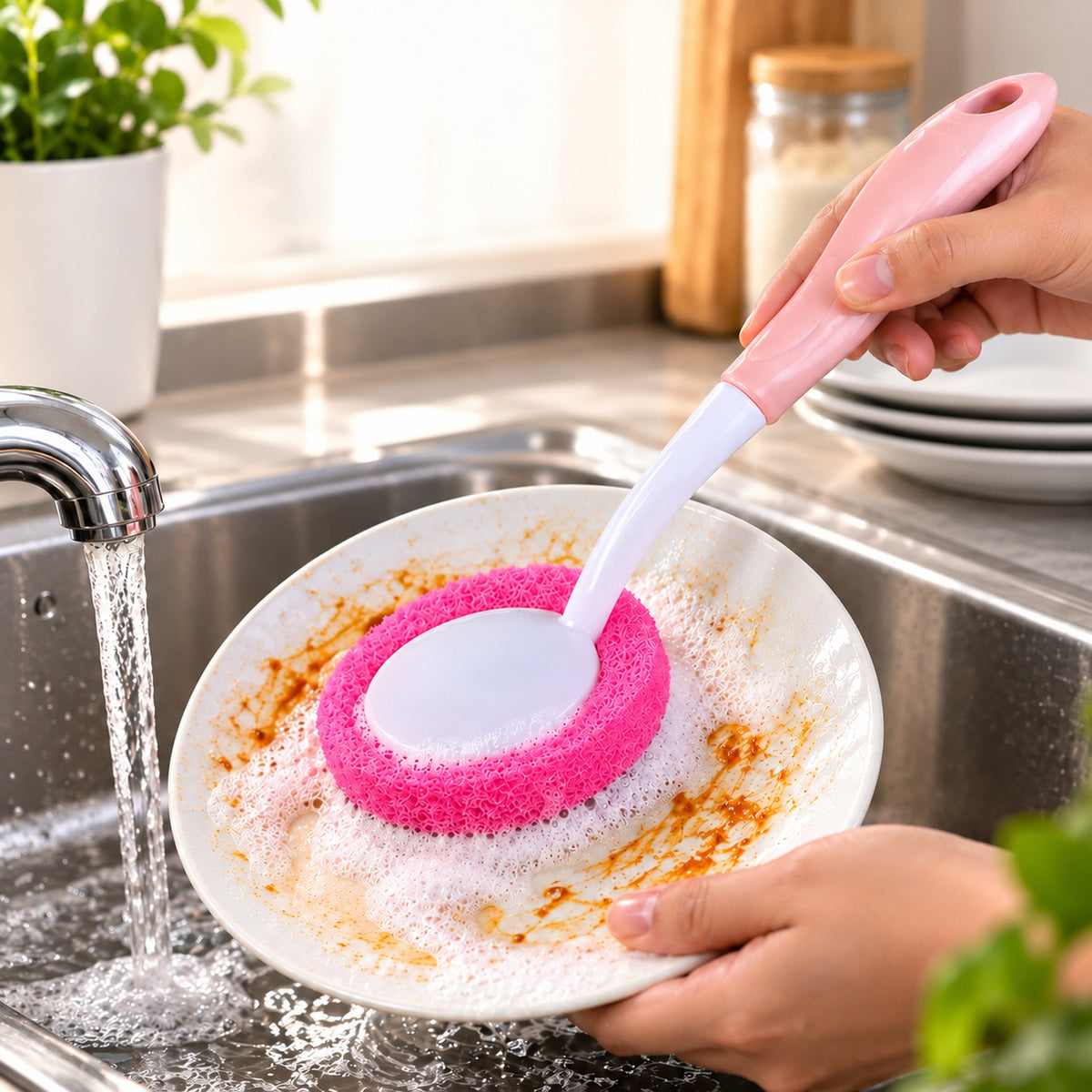 A person washes a dirty white plate with a pink sponge brush under running water in a metal sink.