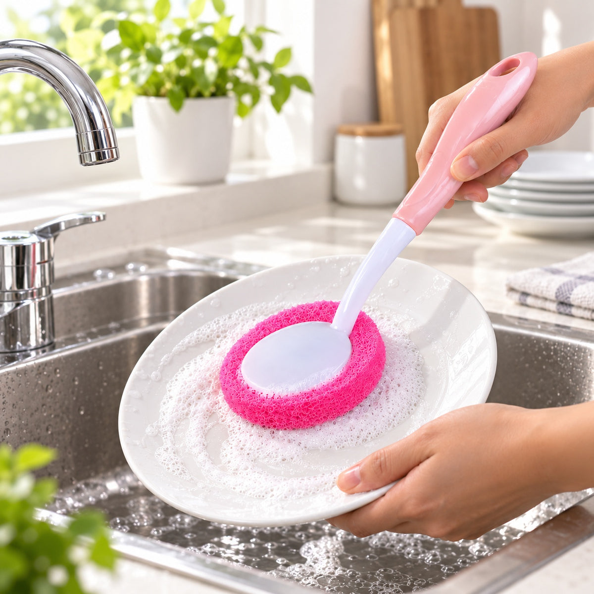 A person scrubs a white plate with a pink sponge brush, generating suds in a kitchen sink under running water.