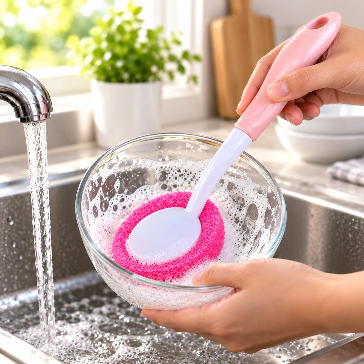 A person cleans a clear glass bowl with a pink sponge brush, creating bubbles under a flowing faucet in a sink.