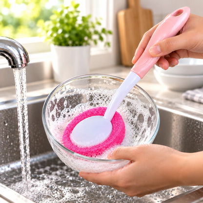 A person cleans a clear glass bowl with a pink sponge brush, creating bubbles under a flowing faucet in a sink.