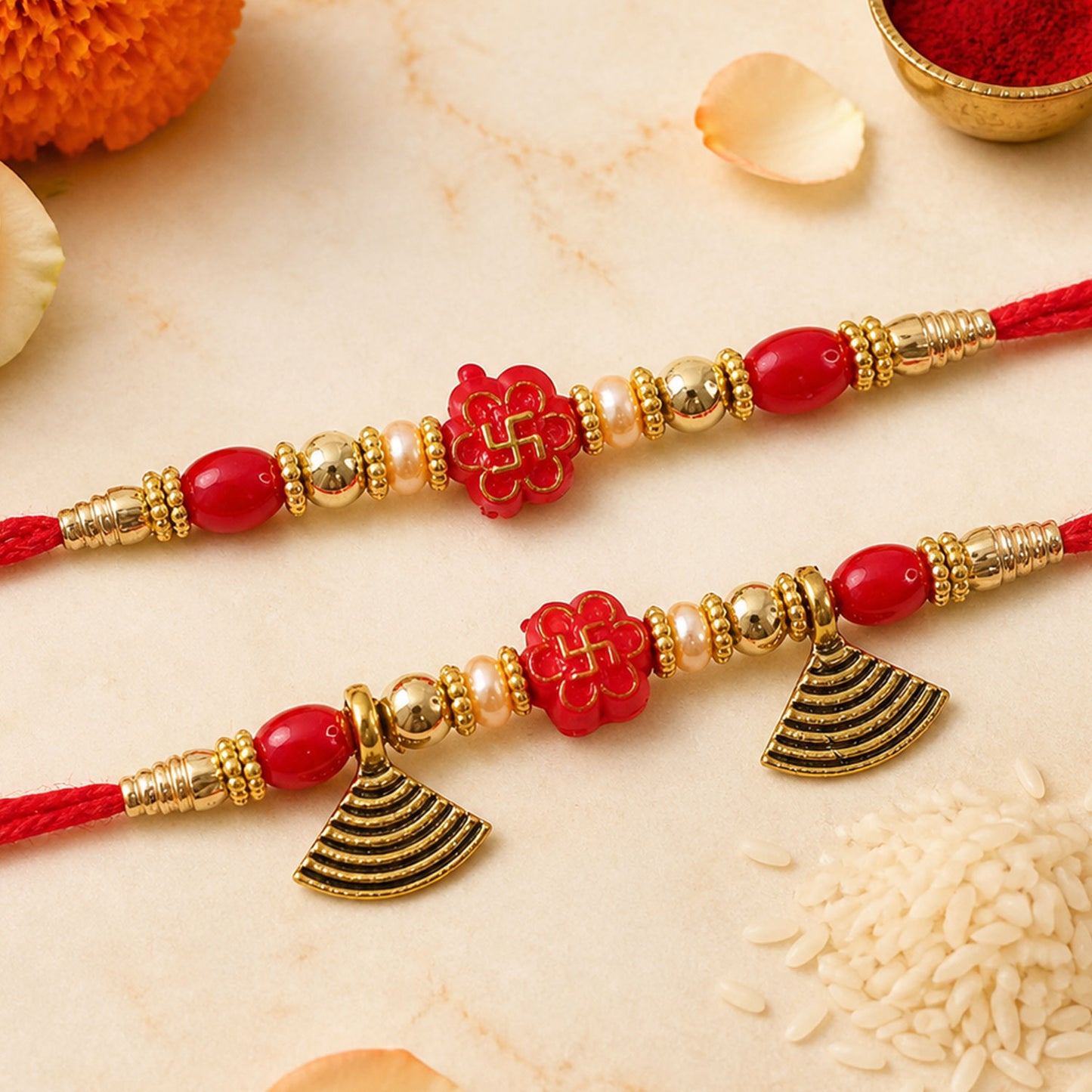 Bhai Bhabhi Floral Charm Rakhi Set with Red Thread, Gold Beads and Black Fan Drops