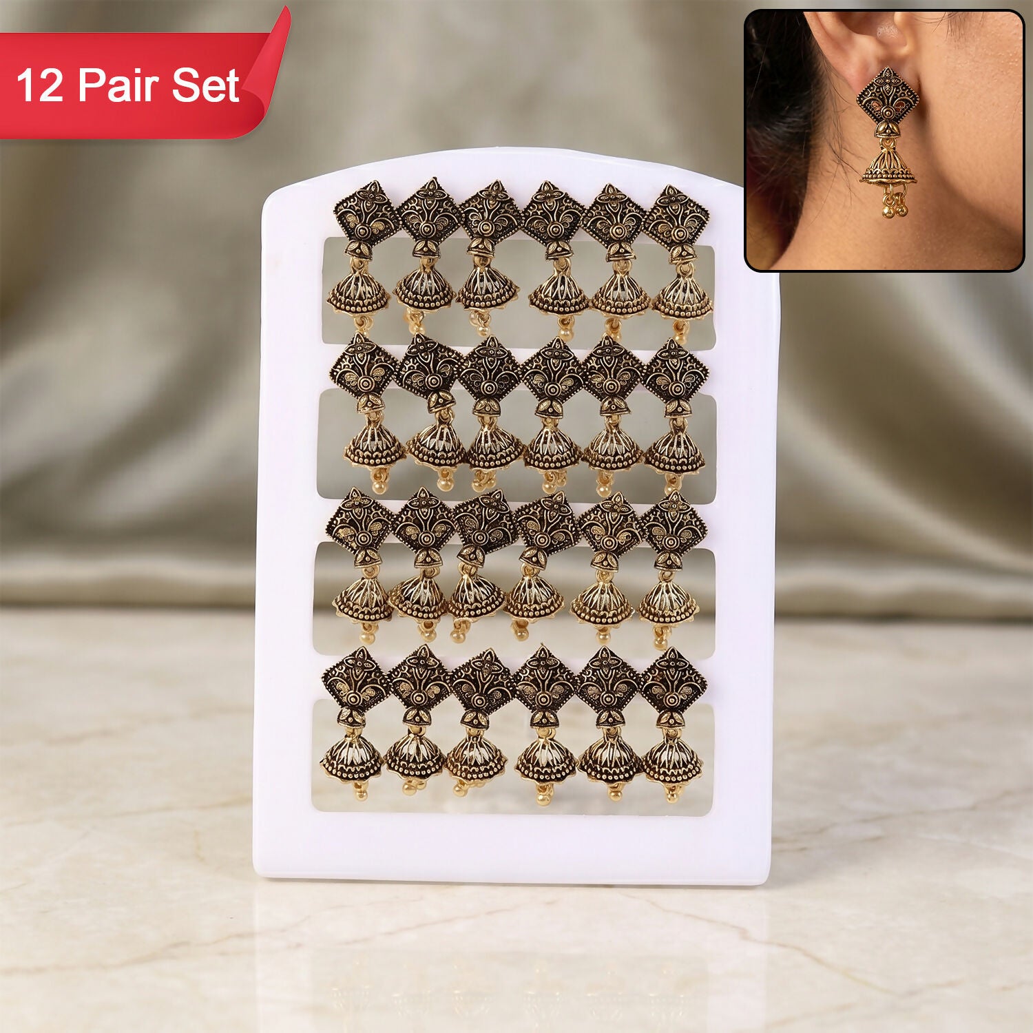 12 Pair Oxidised Leaf Pattern Jhumka Earrings Set for Women