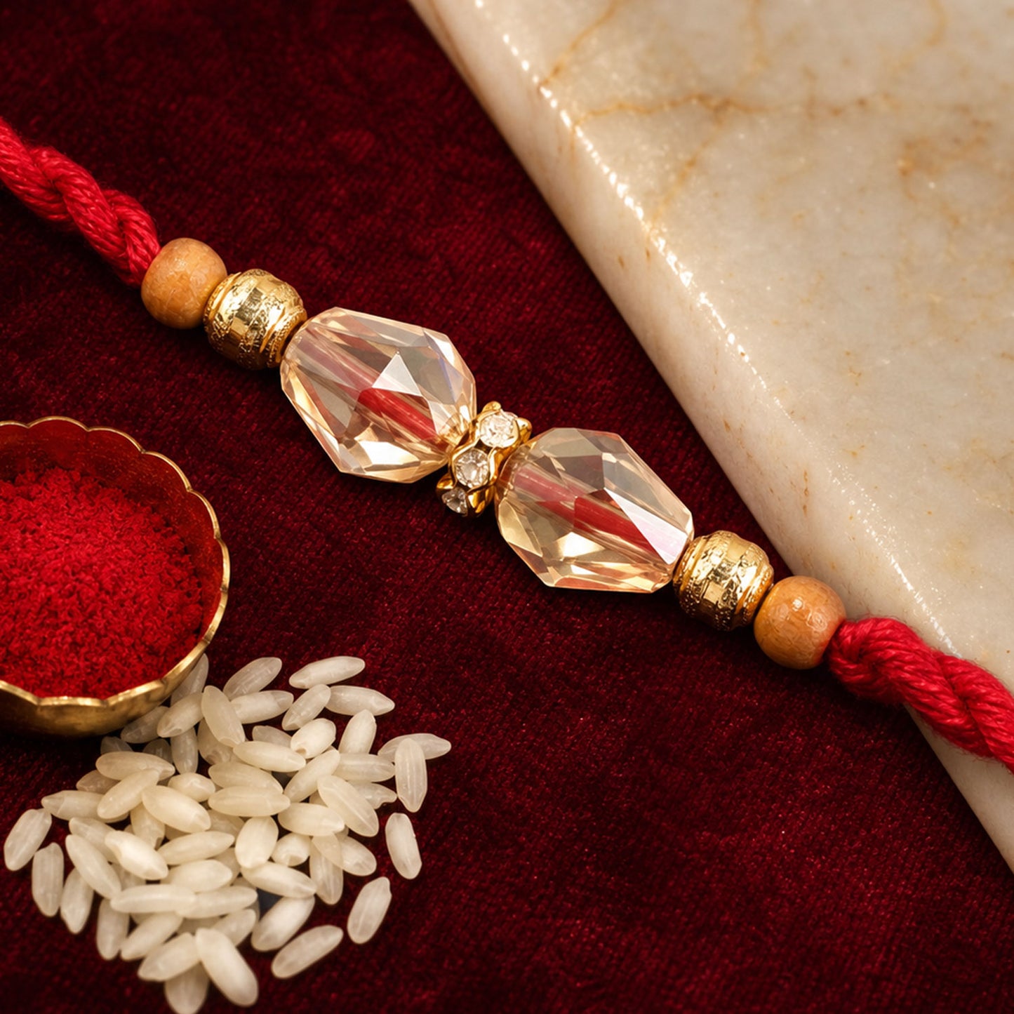 Red Thread Rakhi with Champagne Crystal Bead Pendant Accents