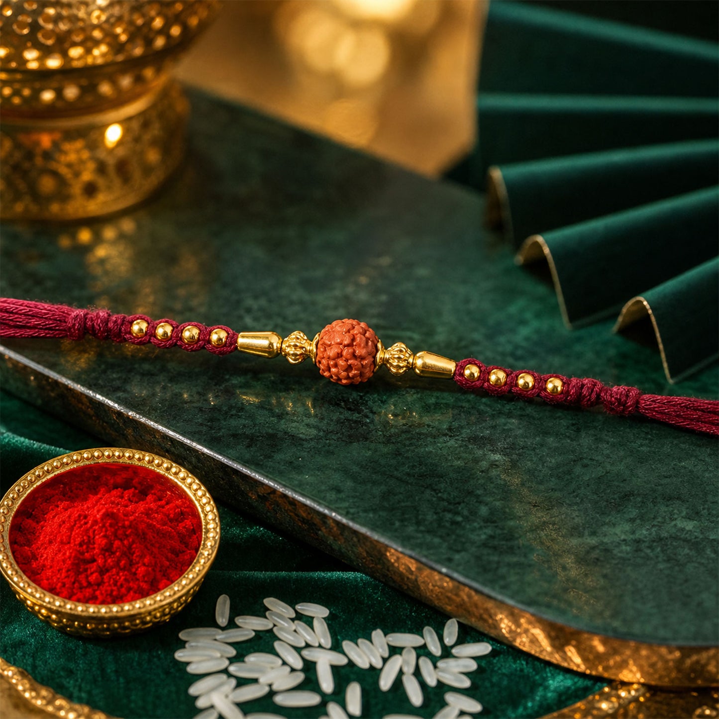 Red Braided Rakhi with a Rudraksha Bead and Wooden Bead Accents