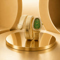 Golden Snake Style Bracelet Watch with Oval Green Dial and Crystal Border Design