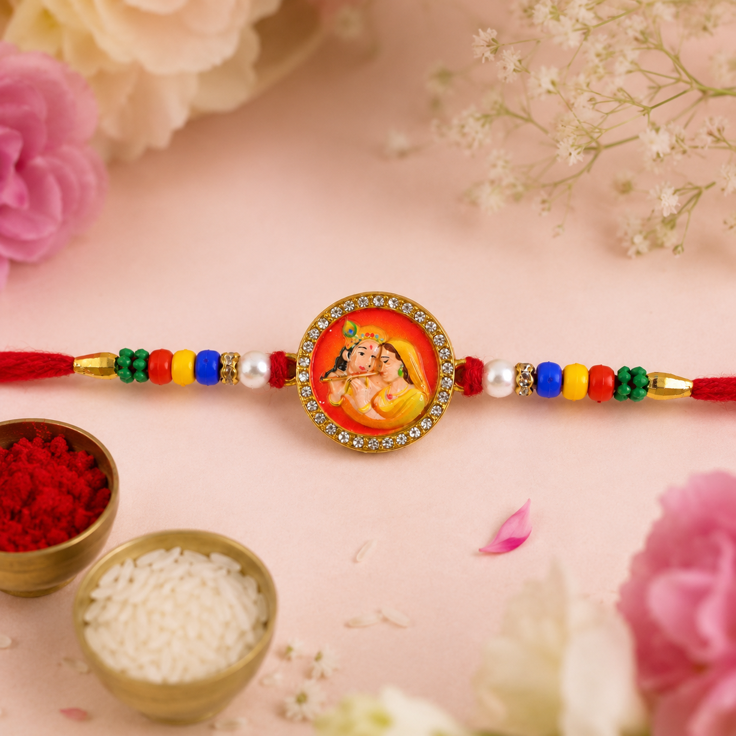Radha Krishna Rakhi for Brother Photo Round Beaded Design (10pcs)