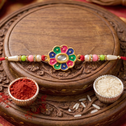 Multicolor Flower Rakhi with Pastel Beads and Fresh Festive Look
