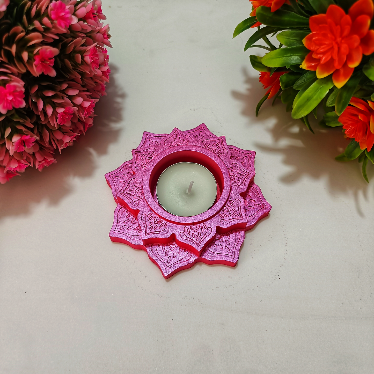 Handmade Lotus Diya – Metallic Pink Tealight Holder | Traditional Candle Holder for Diwali, Pooja, Meditation & Home Décor | Festival Gift Item