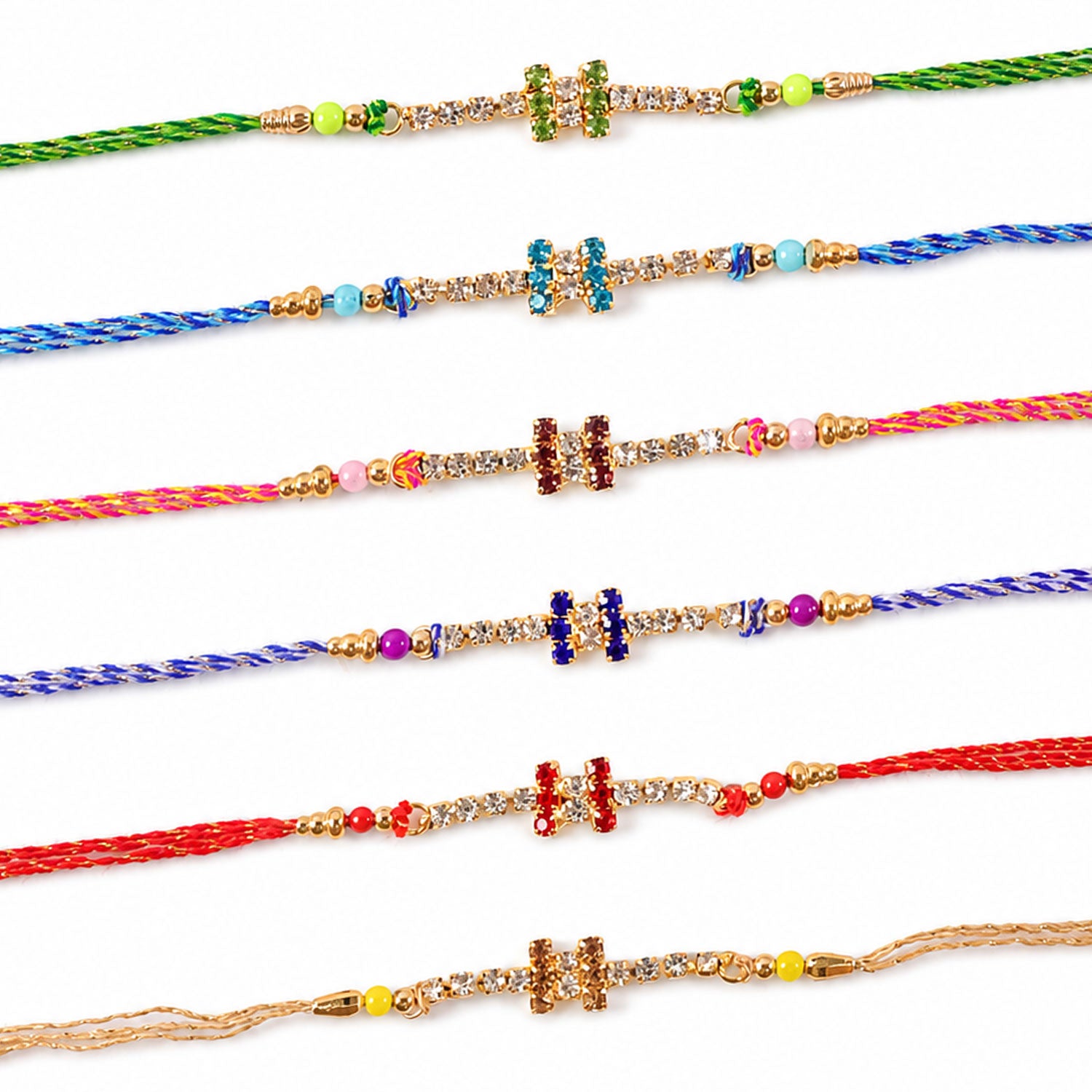 Compact Twin Bar Stone Rakhi in Mix Colour Threads (Pack of 6)