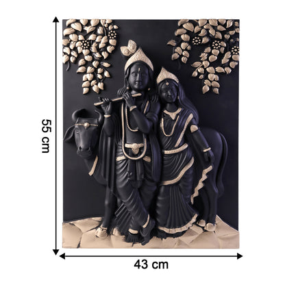 Artistic 3D Radha Krishna frame with cow and gold leaves