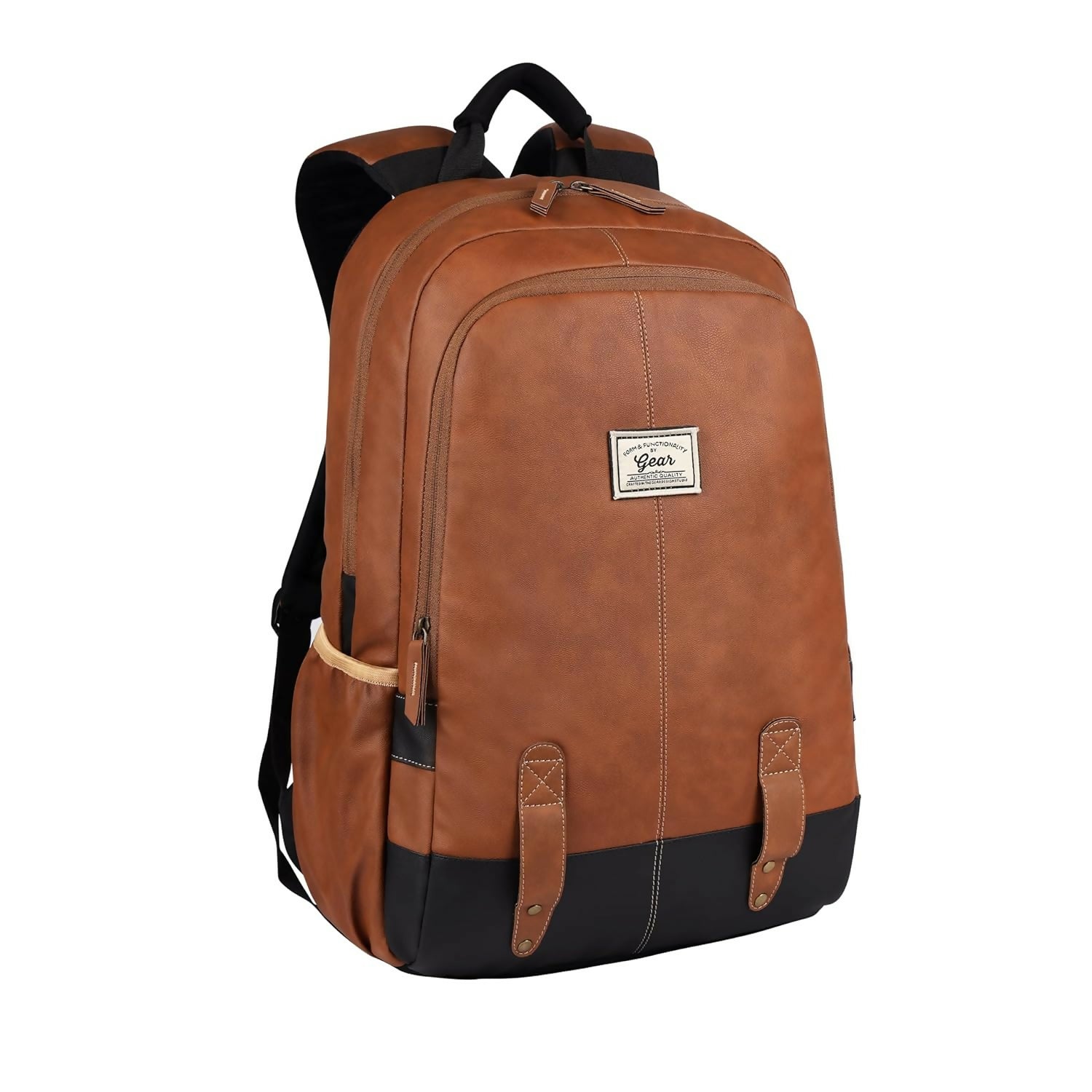 GEAR Laptop Back Pack Classic Faux Leather Tan Black