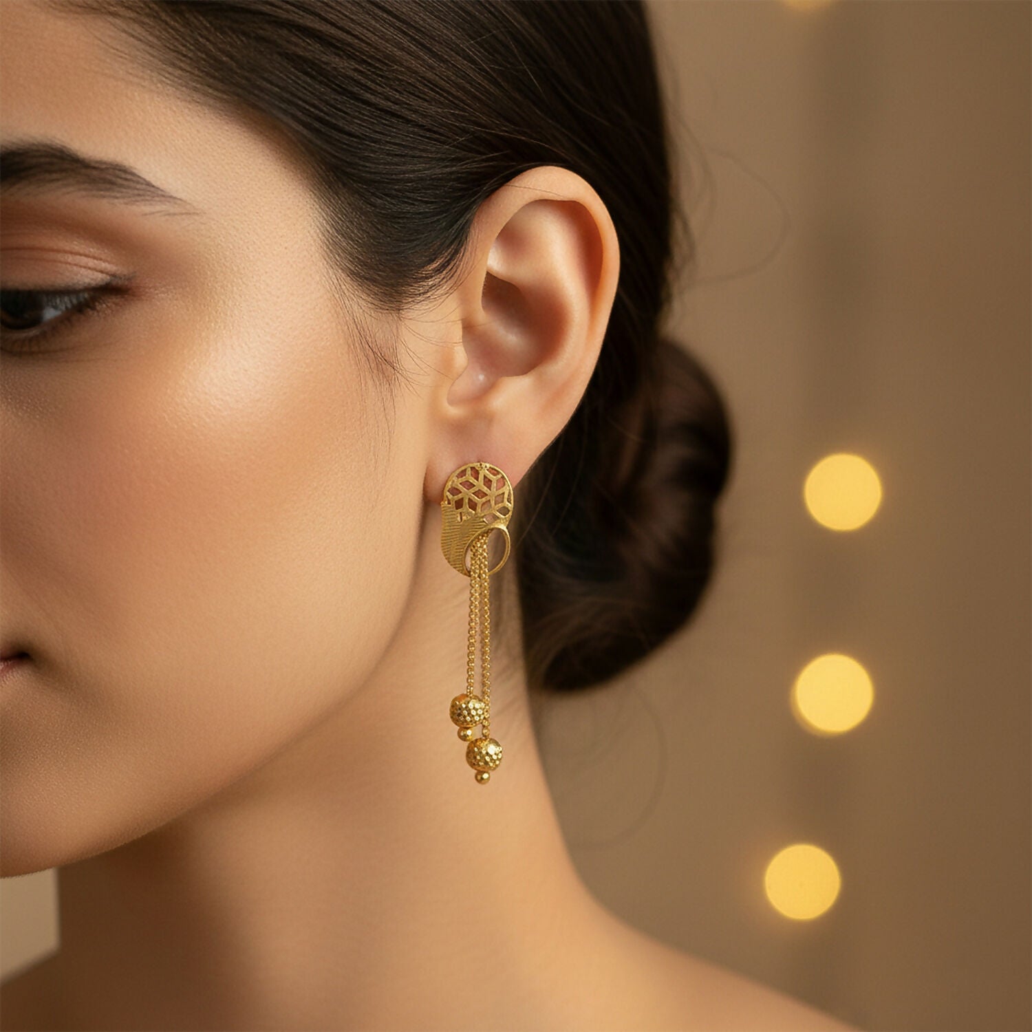 Vintage Inspired Geometric Gold Drop Earrings with Triple Bead Chain Drops (2 Pair)