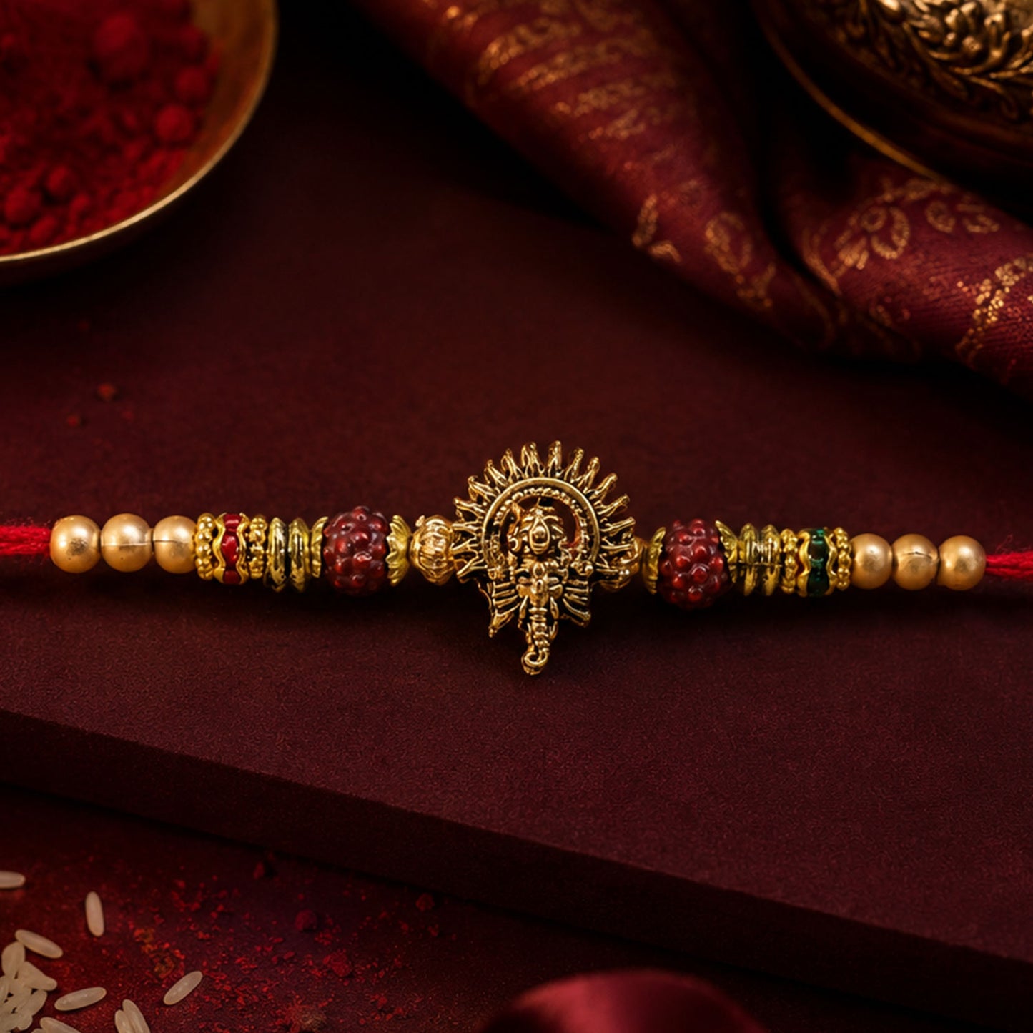 Ganesh Ji Antique Golden Devotional Rakhi with Red Beads and Pearl-Style Accents
