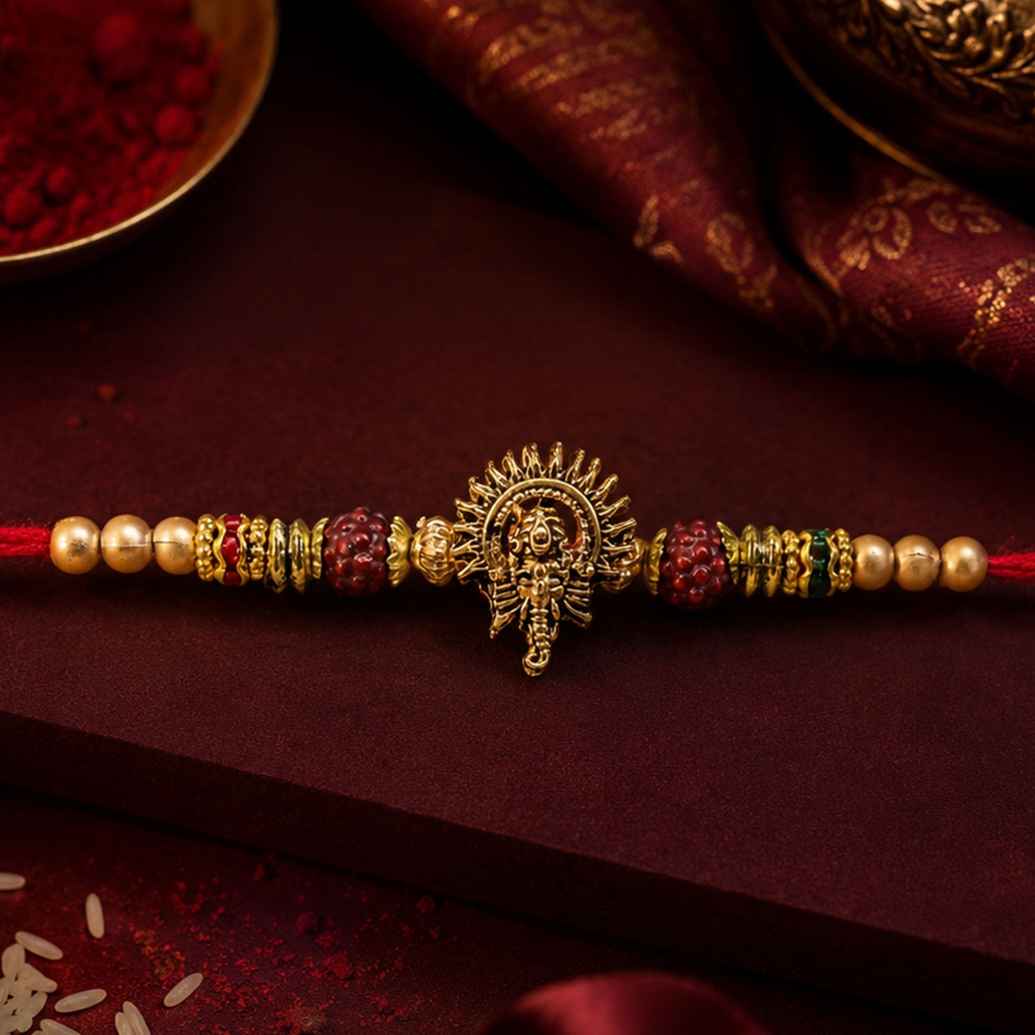 Ganesh Ji Antique Golden Devotional Rakhi with Red Beads and Pearl-Style Accents