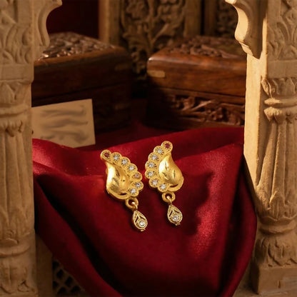 Peacock Inspired Gold Finish Earrings With Textured Motif And Stone Drop Accent