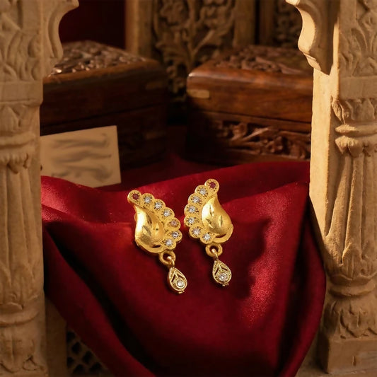 Peacock Inspired Gold Finish Earrings With Textured Motif And Stone Drop Accent