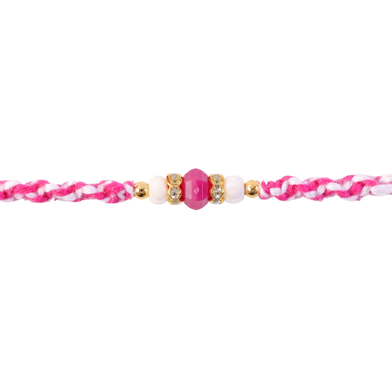 Pink-White Braided Rakhi with Rose-Pink Stone Bead Pendant