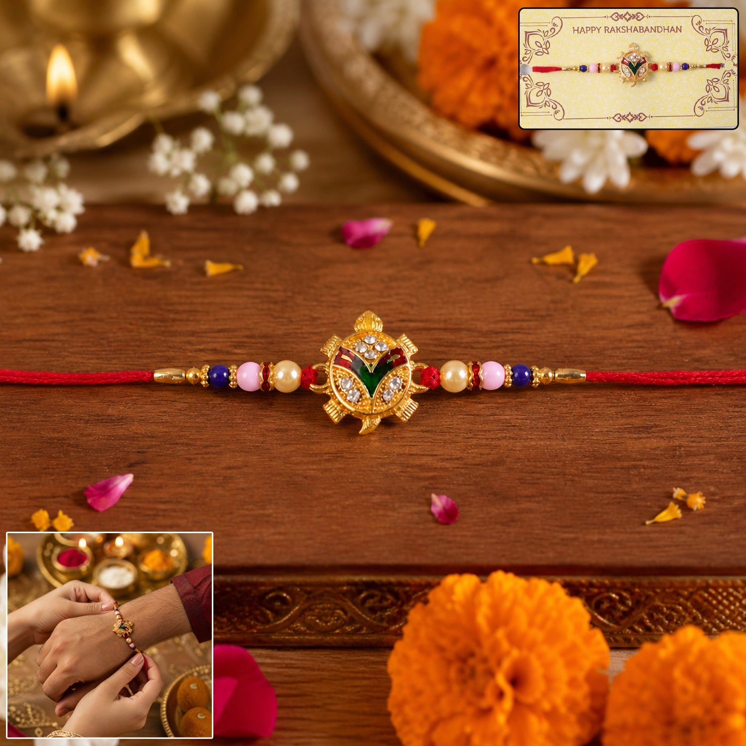 Meenakari Peacock Rakhi with Choco Magic, Pack of 3