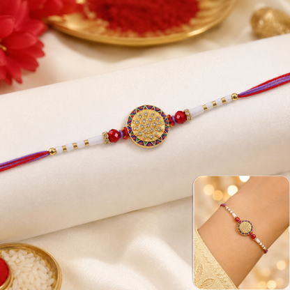 Soft Gold Round Rakhi with White Beads and Dual Color Thread