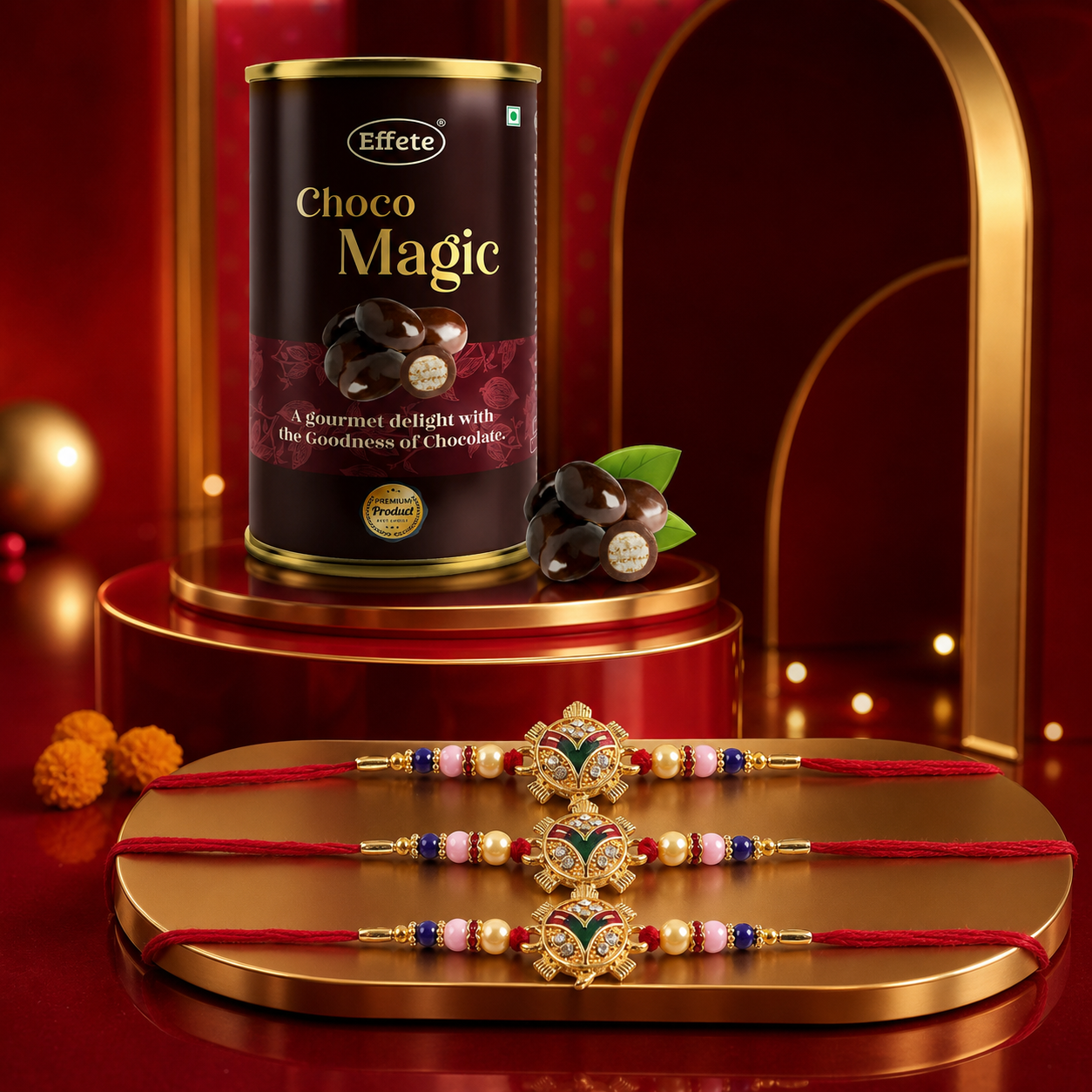 Meenakari Peacock Rakhi with Choco Magic, Pack of 3