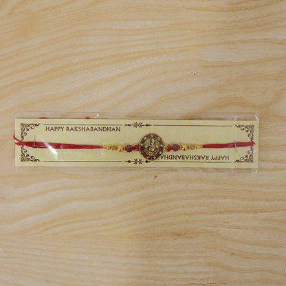 Golden Ganesh Rakhi for Boys with Red Thread and Rudraksha Beads