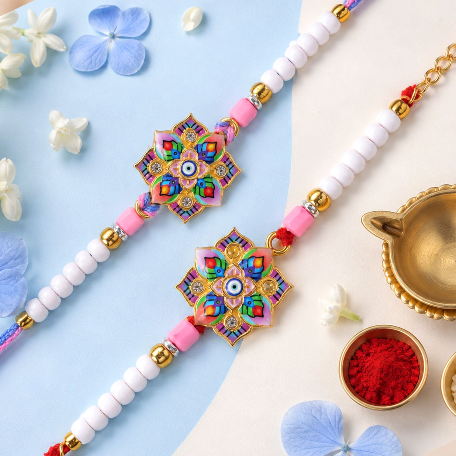 Floral Mandala Evil Eye Printed Pearl Beads Bhai Bhabhi Rakhi Set