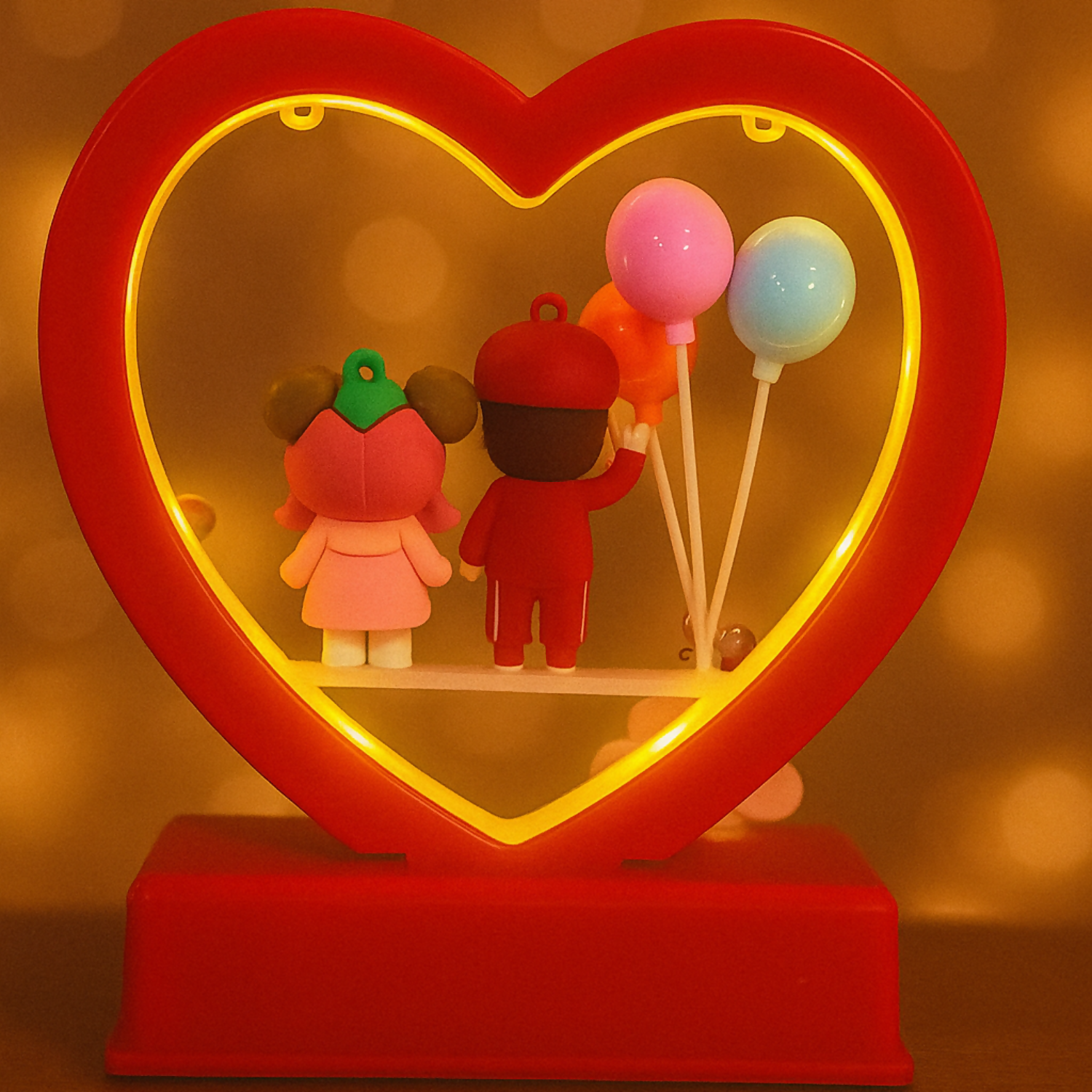 Romantic Heart-Shaped Red LED Couple Showpiece with Balloons and Love Message | Cute Cartoon Figurine Decorative Lamp for Bedroom, Anniversary, Valentine, and Home Decor Gift