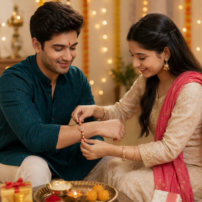 A young woman in a pink and gold outfit ties a decorative bracelet on a young man's wrist, who is wearing a teal kurta.