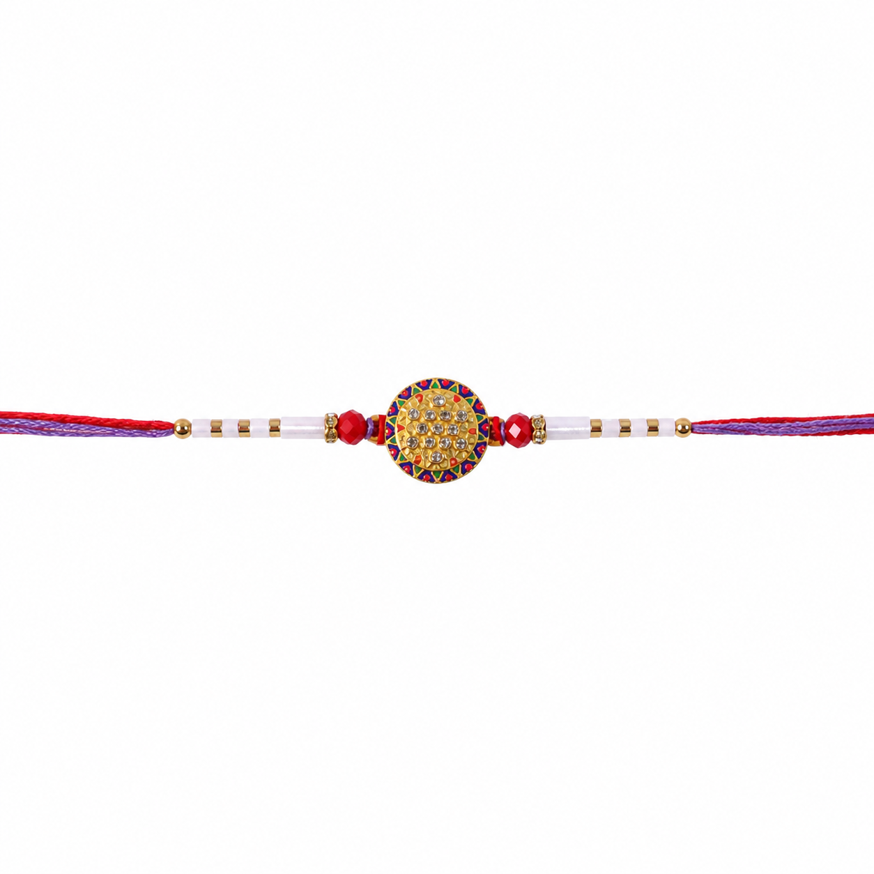 Soft Gold Round Rakhi with White Beads and Dual Color Thread
