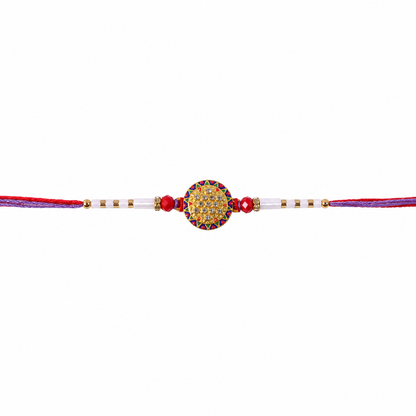 Soft Gold Round Rakhi with White Beads and Dual Color Thread