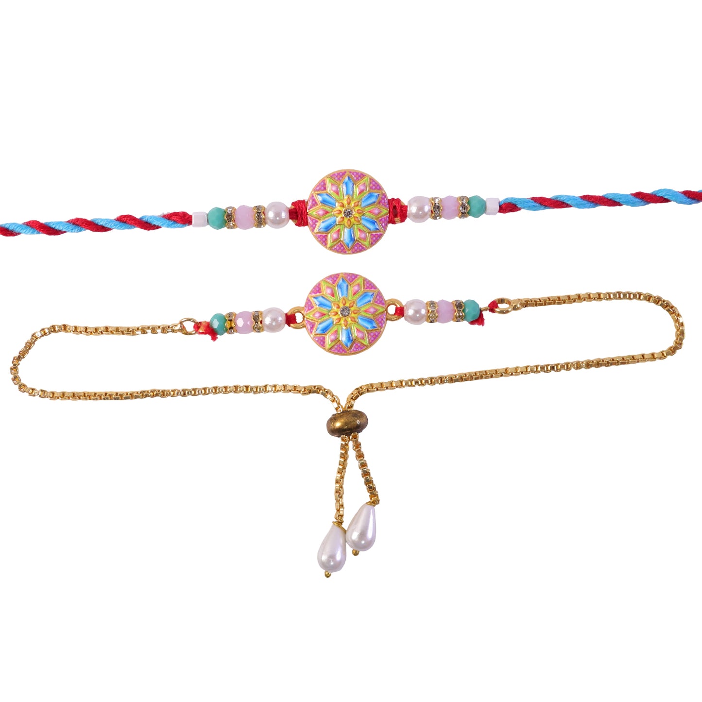 Starburst Meenakari Bhai Bhabhi Lumba Rakhi with Pearl Tassels