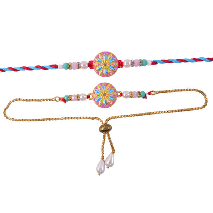 Starburst Meenakari Bhai Bhabhi Lumba Rakhi with Pearl Tassels