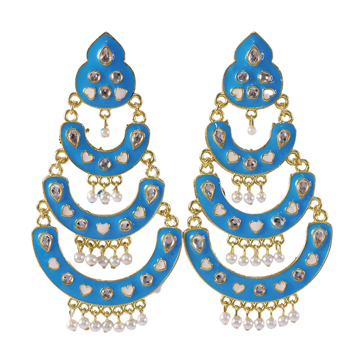 Gold-tone borders and heart details on chandbali earrings