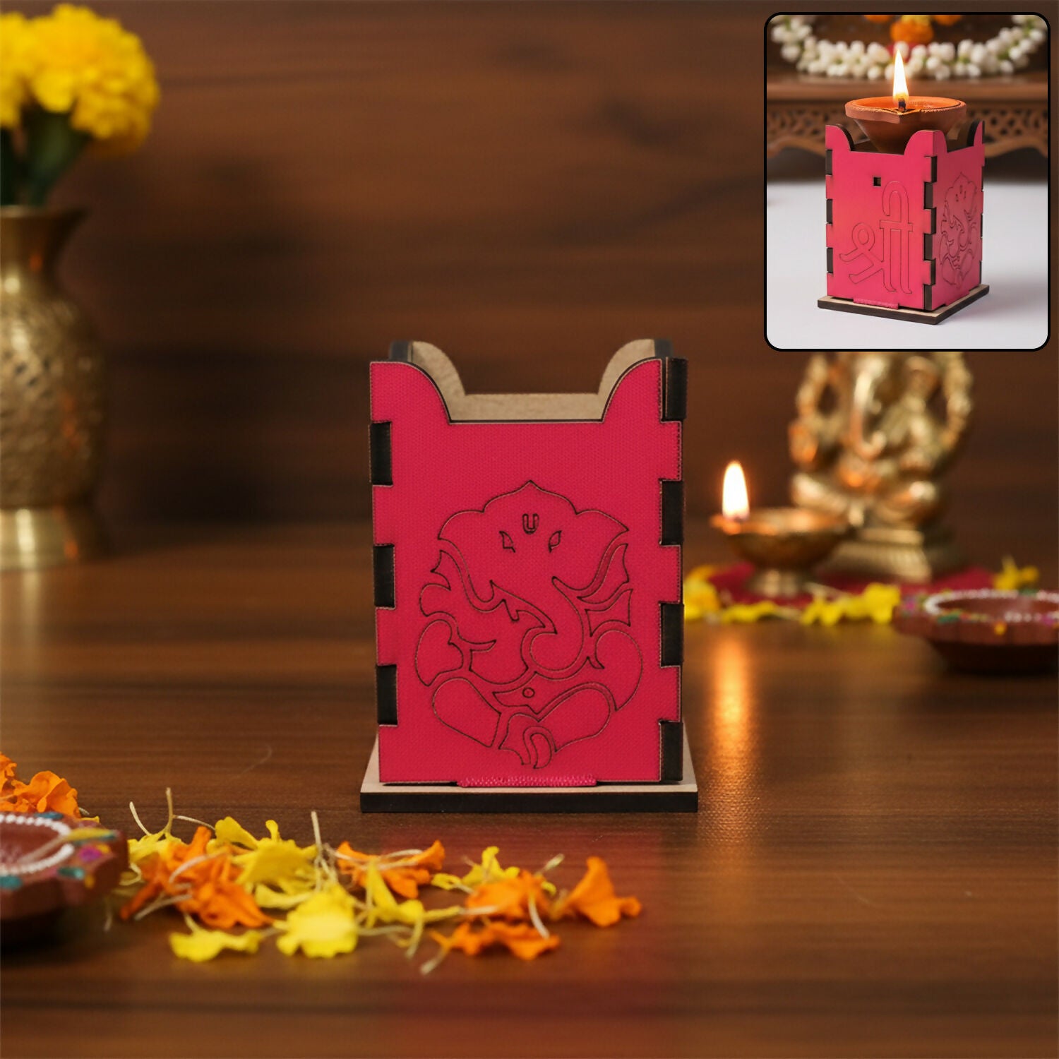 Ganesh Wooden Diya Stand | MDF Pooja Lamp for Diwali, Mandir & Gifting