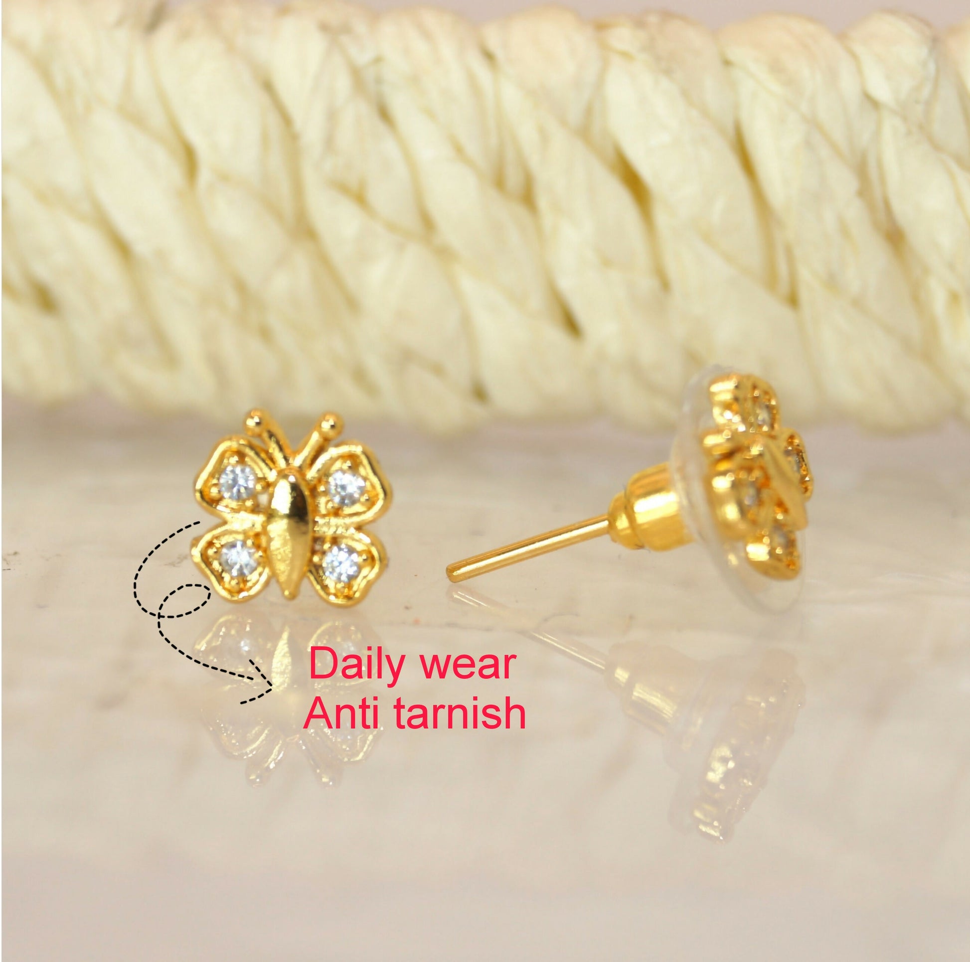 Gold Plated Butterfly Stud Earrings with Diamond-Cut Stones for Women & girls