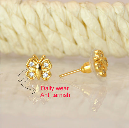 Gold Plated Butterfly Stud Earrings with Diamond-Cut Stones for Women & girls
