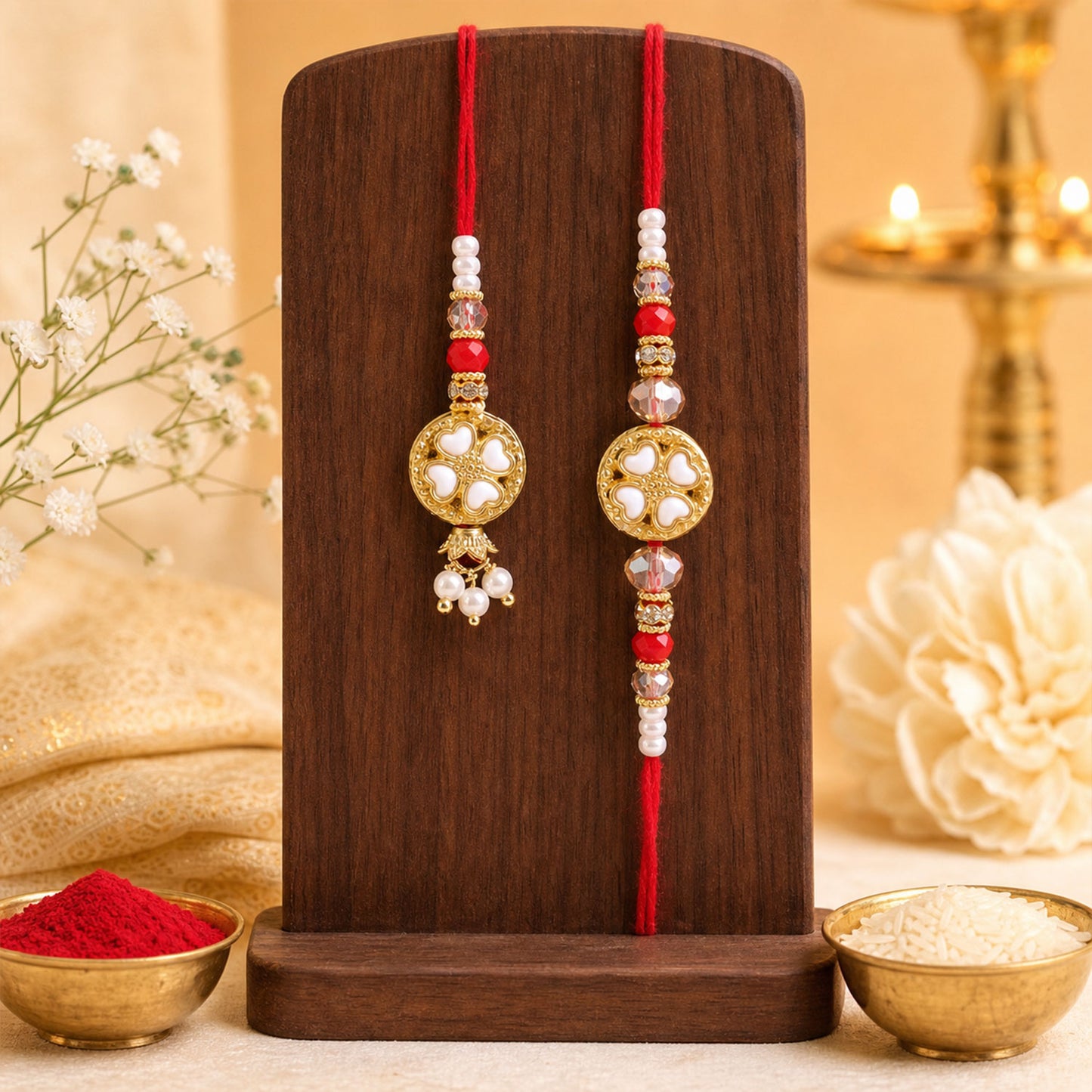 Divine Floral Medallion Bhai Bhabhi Rakhi with Flower Ring and Pearl Drops for Gift