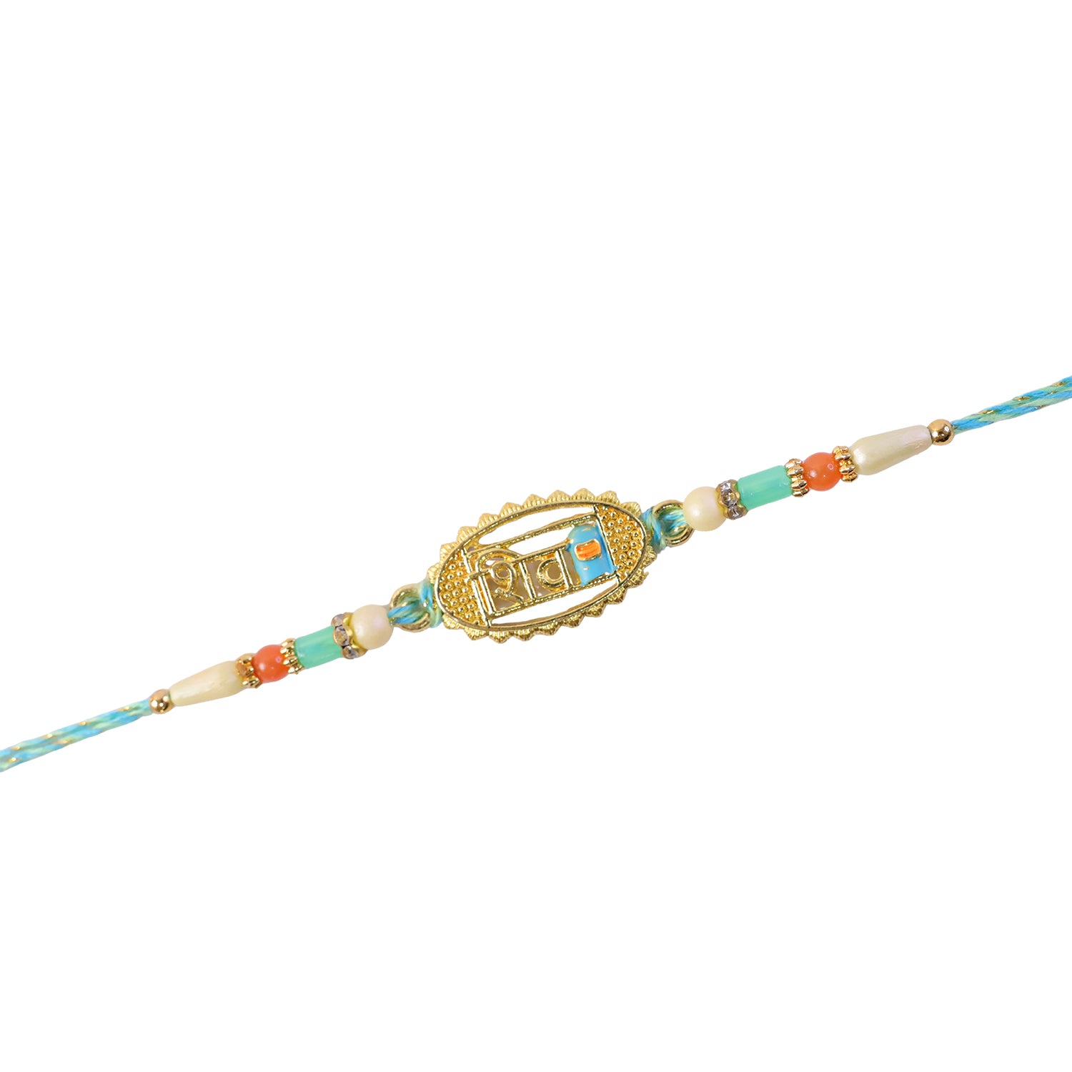 Shiv Script Pendant Rakhi with Teal and Orange Beads