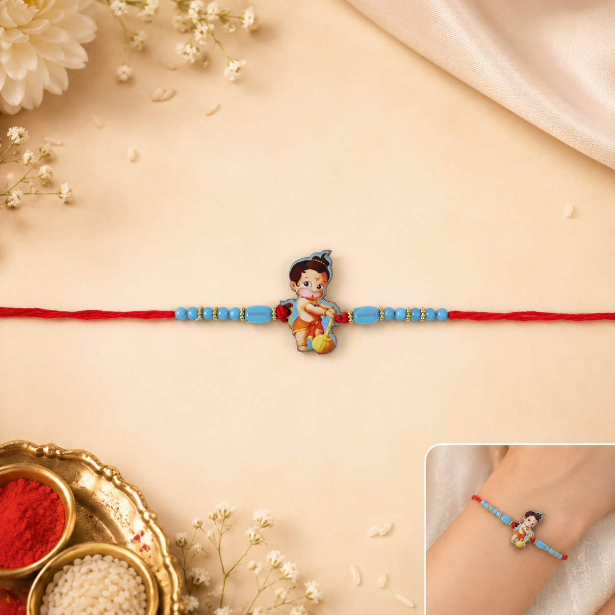 Little Hanuman Kids Rakhi with Blue Bead Chain and Red Thread