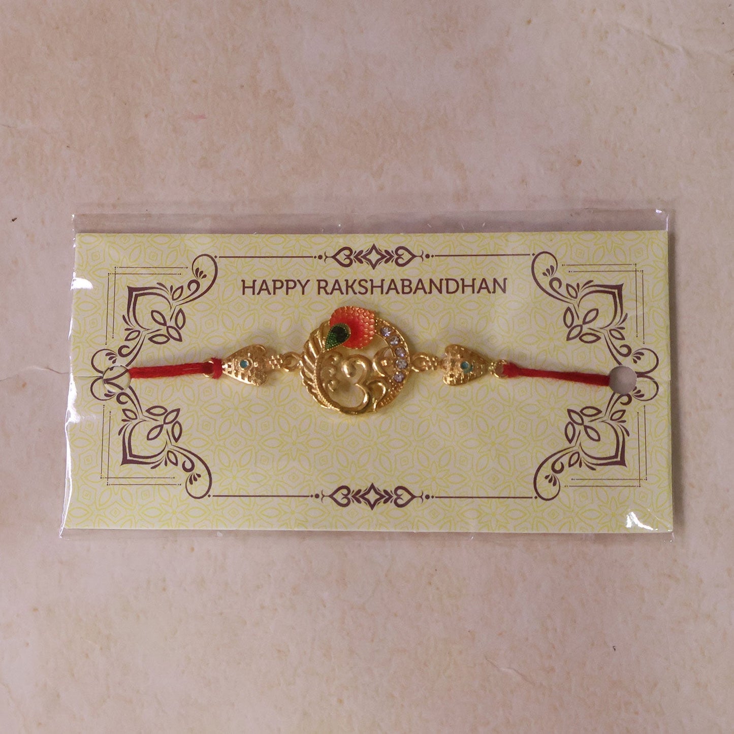 Om Peacock Designer Rakhi with Kundan Beaded Detail (5pcs)