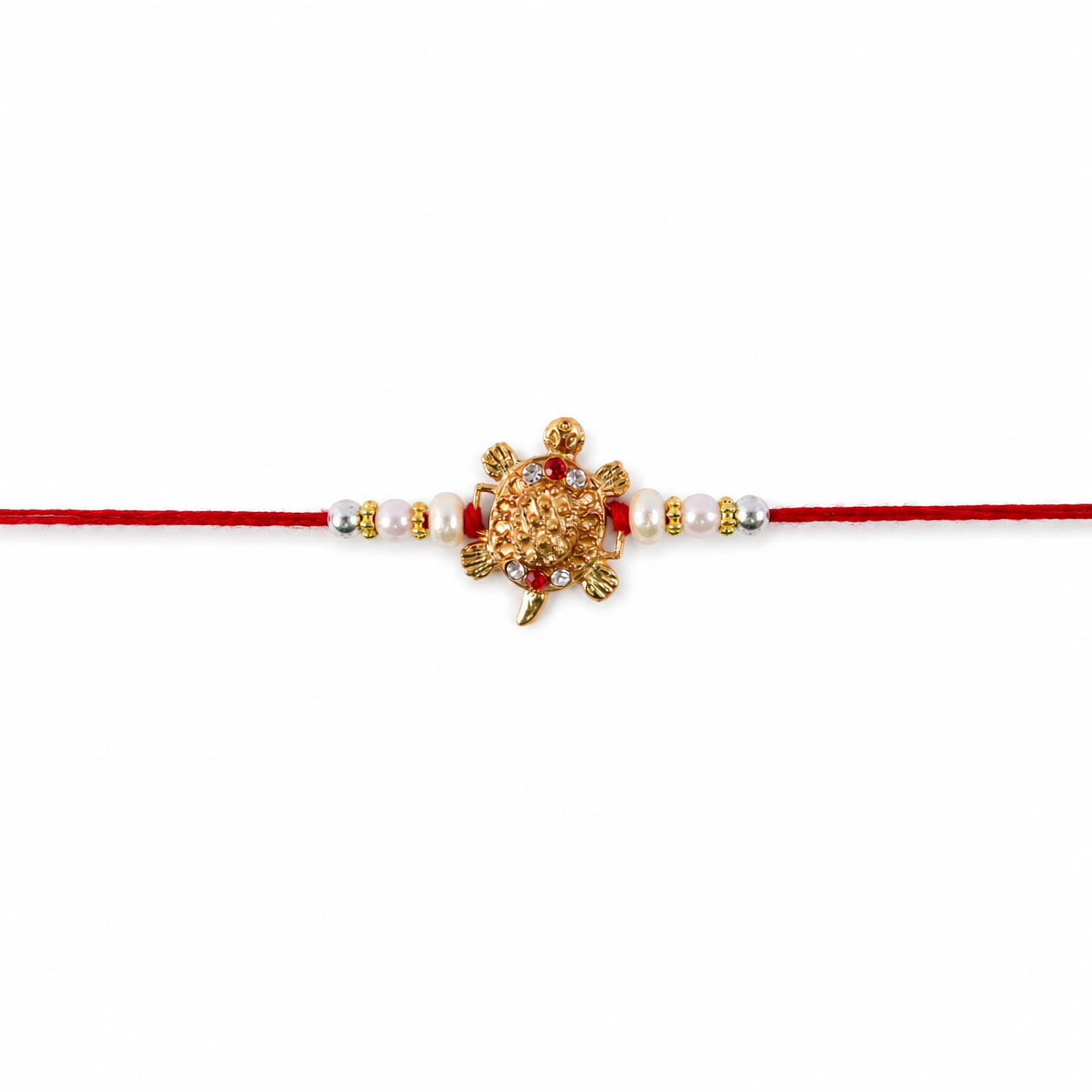 Gold Turtle Motif Rakhi with Pearl Sides and Classic Red Thread