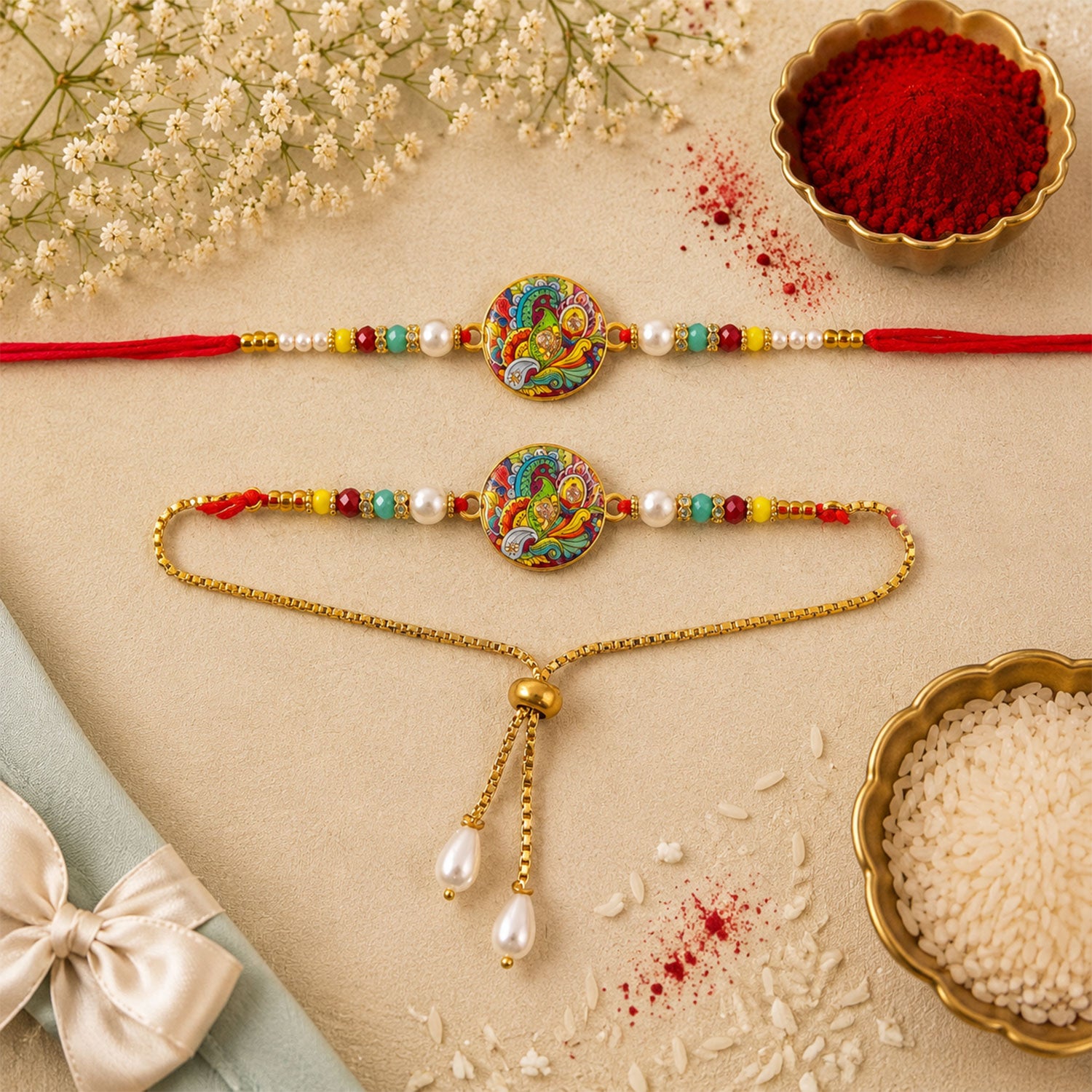 Bhaiya Bhabhi Peacock Meenakari Rakhi & Pearl Drop Lumba