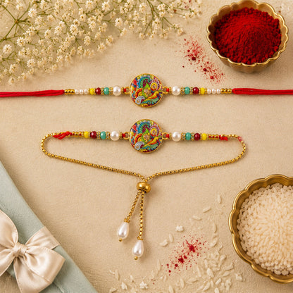 Bhaiya Bhabhi Peacock Meenakari Rakhi & Pearl Drop Lumba