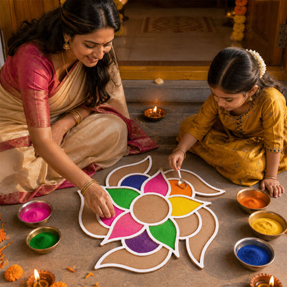 Wooden Rangoli Stencil Set with 4 Reusable Floral Designs for Diwali & Pooja Decor